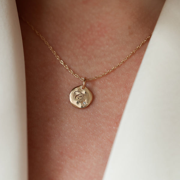 On-body view of North Star Lab Grown Diamond Engraved Initial Necklace - 14k Gold
