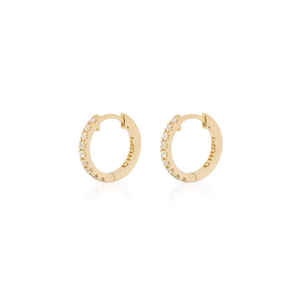 Front view of the Today Diamond Eternity Huggies in 14k gold, small hoop earrings set with diamonds.