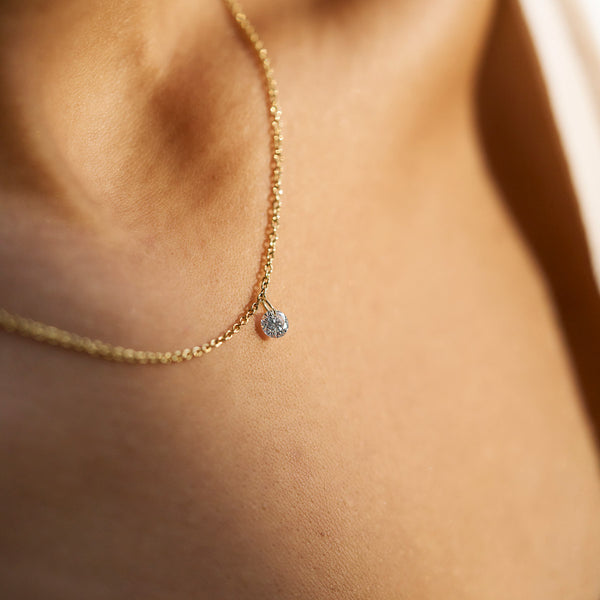 On-body shot of Celestial 4mm Drilled Lab-Grown Diamond Solitaire Necklace - 14k Gold