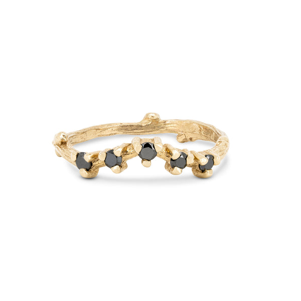 Front view of the Crown of Sky Black Diamond Ring in 14k solid gold, featuring five scattered black diamonds on a twig band.