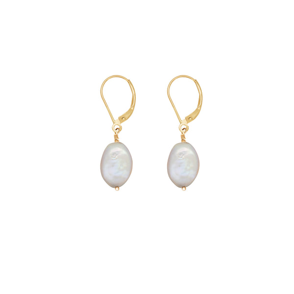 Front view of the Dew Drop Pearl Earrings in 14k gold, featuring a cluster of gold detailing and a suspended freshwater pearl.