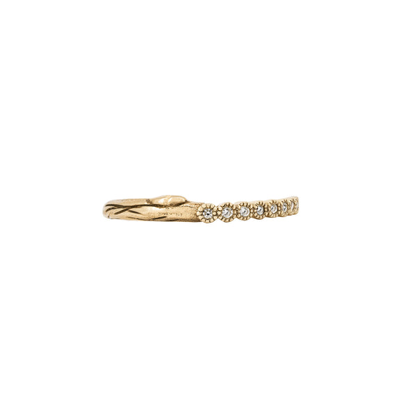 Alternative view of Side profile of the Hawthorn Diamond Eternity Ring in 14k solid gold, showcasing the intricate twig band and half band of diamonds.