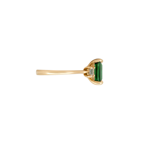 Alternative view of Side profile of the Hero 1.8ct Green Tourmaline & Diamond Ring in 14k polished gold, showcasing the polished band and elevated setting.