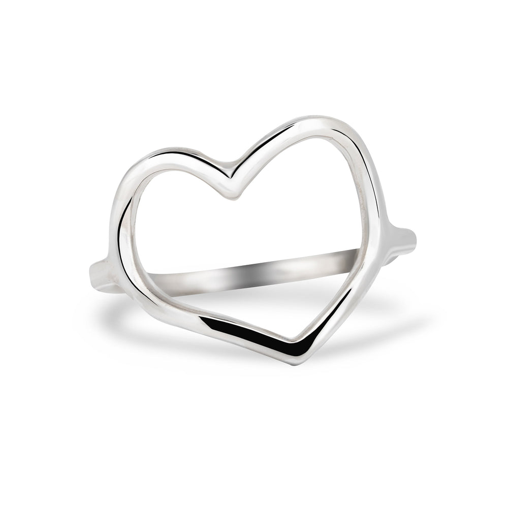 Front view of the Love Heart Ring in sterling silver, featuring a heart-shaped outline on a polished band.