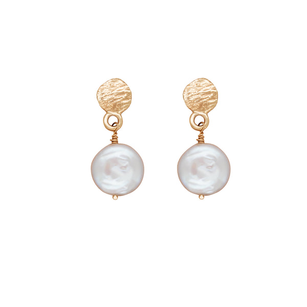 Front view of the Luna Pearl Drop Earrings in 14k gold, featuring a curved gold detail and a suspended freshwater pearl.