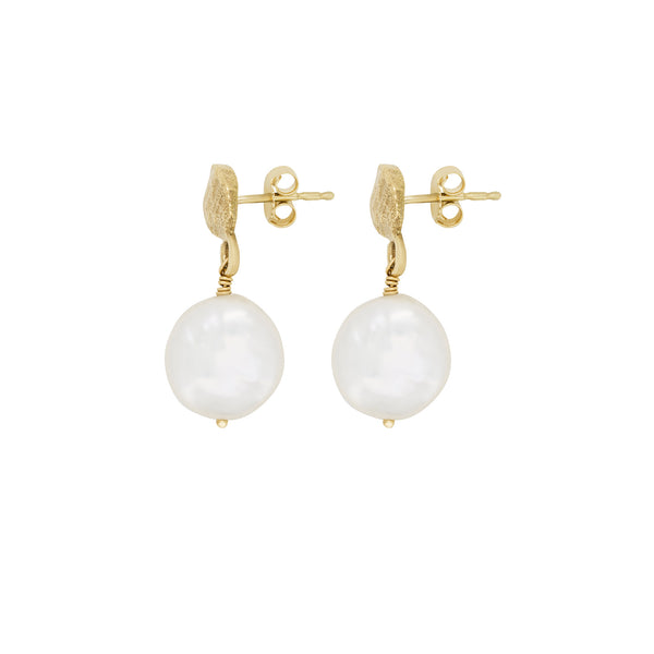 Alternative view of Angled view of the Luna Pearl Drop Earrings in 14k gold, showcasing the drop length and pearl luster.