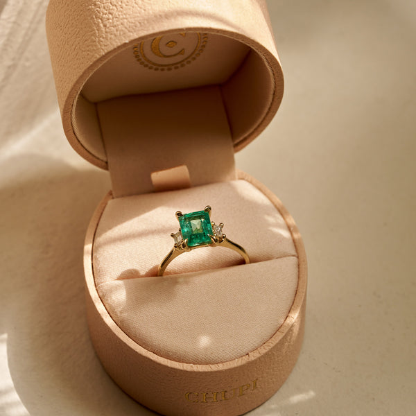 On-body shot of One of A Kind 1.8ct Emerald Hero - 14k Gold Polished Band