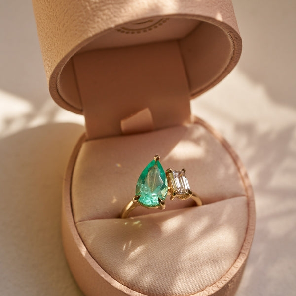On-body shot of One of A Kind 2.7ct Emerald Pear & 0.8ct Lab Grown Diamond - 14k Gold Polished Band