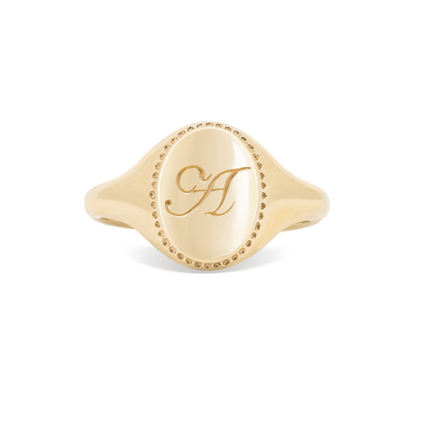 Always Remember Engraved Signet Ring | Chupi in 14k solid gold with hand-engraved 'A' initials and polished finish, ideal for personalised fine jewellery.