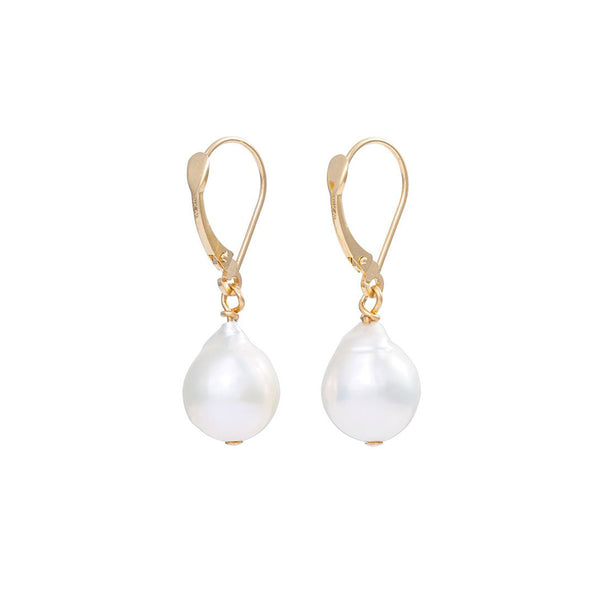 Front view of the Teardrop Pearl Earrings in 14k gold, featuring a delicate gold teardrop setting holding a freshwater pearl.