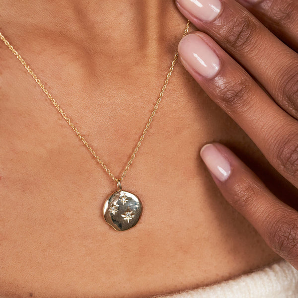 On-body view of Stars in the Sky Three Lab Grown Diamond Necklace - 14k Gold