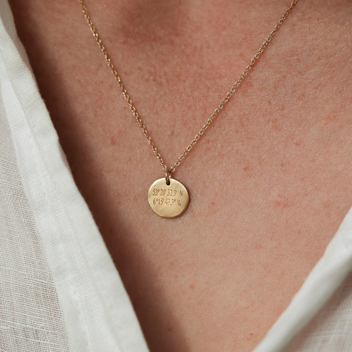 On-body shot of A Moment In Time - 14k Gold Engraved Coordinate Necklace