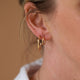 Model close-up showing the Hawthorn Twig Small Hoop Earrings stacked with a larger hoop.