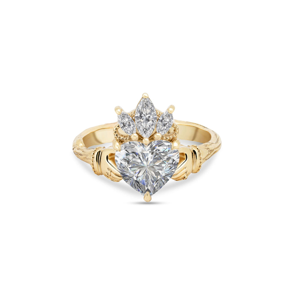 Front view of the Claddagh Heart Cut Diamond Engagement Ring in 14k solid gold, showcasing a heart-shaped center diamond and three-stone crown detail.