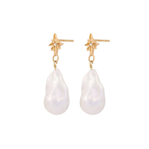 On-body shot of Lost Without You Diamond & Baroque Pearl Earrings - 14k Gold