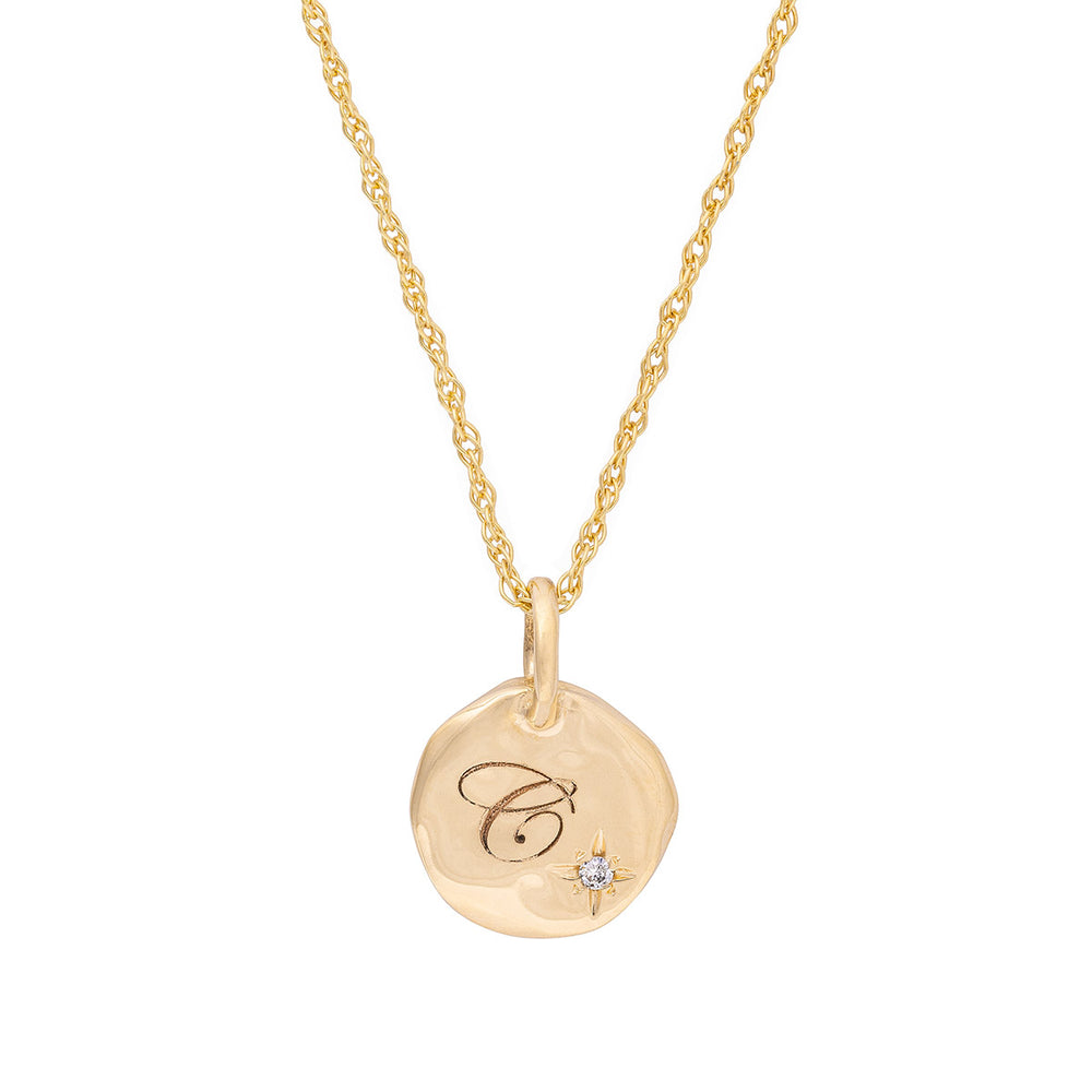 North Star Diamond Engraved Initial Necklace - 14k Gold