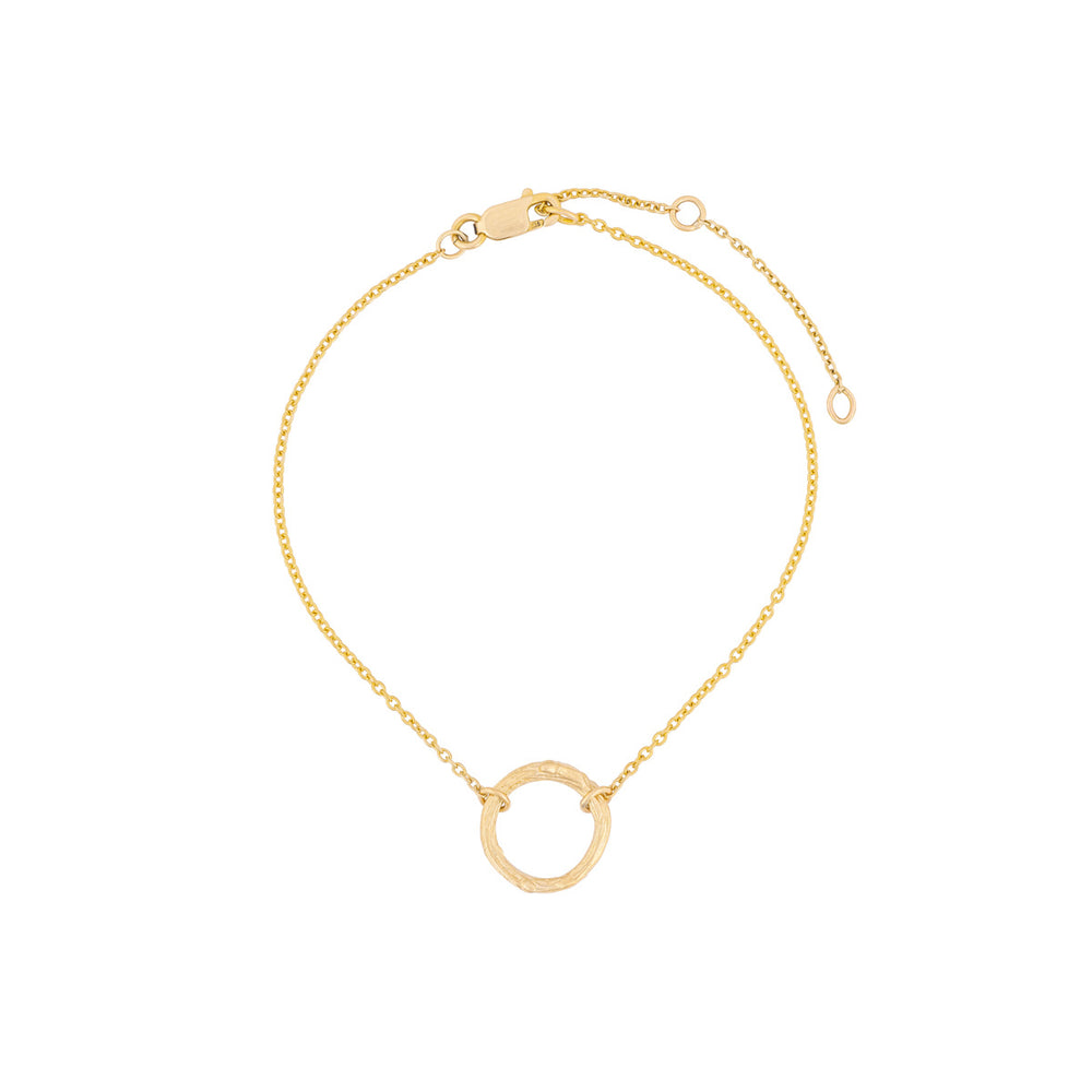 Full view of the Hawthorn Twig Bracelet in 14k gold, showcasing the adjustable chain and twig charm.