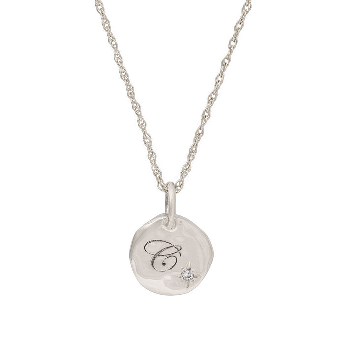 North Star - 14k White Gold Diamond Engraved Initial Necklace