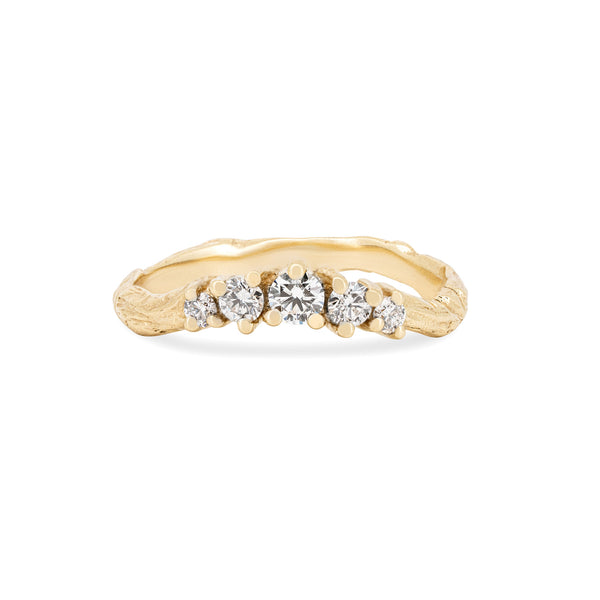 Front view of the Crown of Love Diamond Ring in 14k solid gold, featuring five tiny diamonds set in a crown on a twig band.