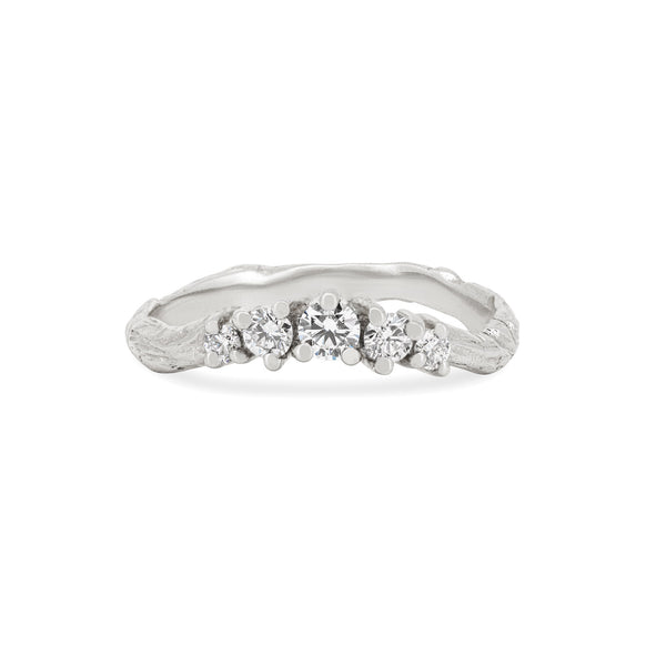 Front view of the Crown of Love Diamond Ring in 14k white gold, featuring five tiny diamonds set in a crown on a twig band.