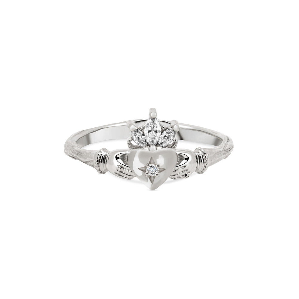 Front view of the Diamond Crown Claddagh North Star Gold Ring in 14k white gold, showcasing a central diamond set in a crown motif.