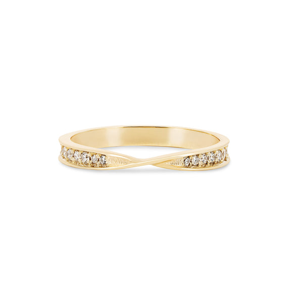 A 14k gold wedding ring featuring a band with sparkling diamonds set on it, designed with two diamond arrows converging as a symbol of union.