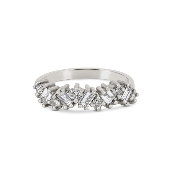 Front view of the Follow Your Path Diamond Eternity Ring in 14k white gold, featuring a half eternity band of diamonds.