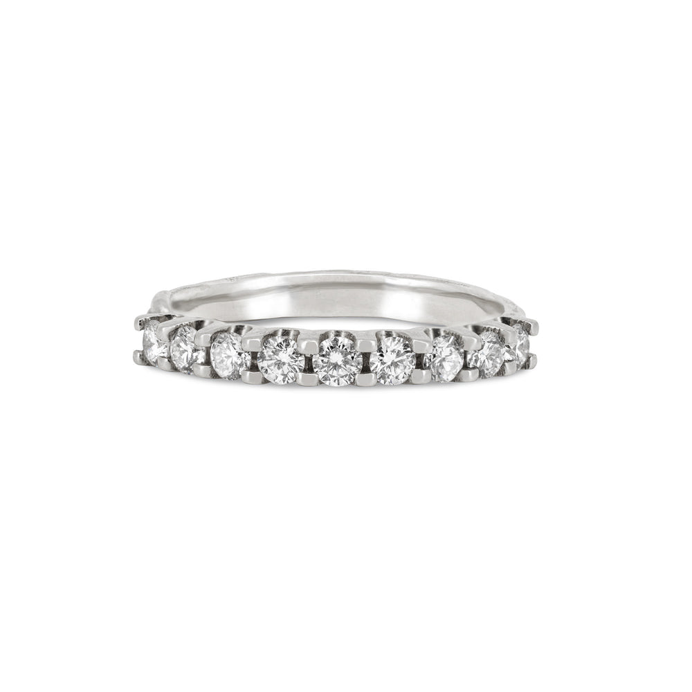 Front view of the Forever Diamond Eternity Ring in 14k white gold, with a half eternity band of diamonds set on a textured twig band.