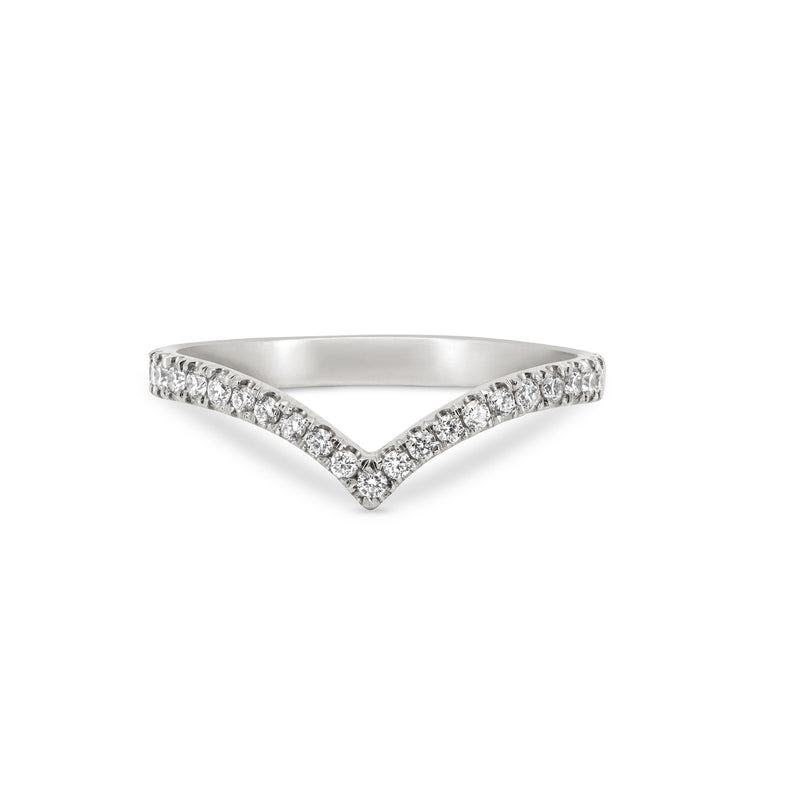 Angled view of the Future Awaits Arrow Diamond Eternity Ring in 14k white gold, with a polished band and half eternity setting.