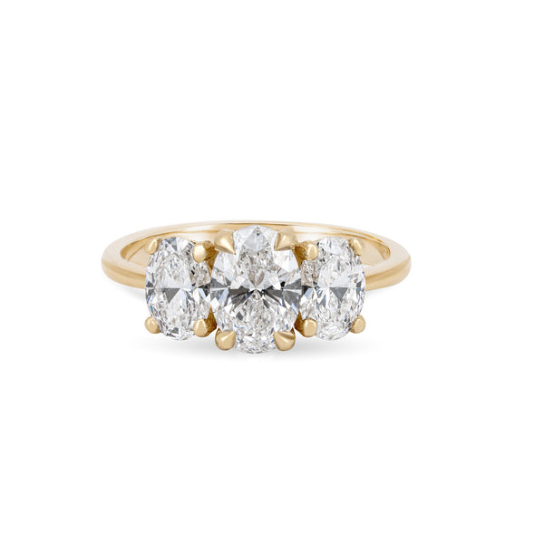 Alternative view of Front view of the Guiding Light Trilogy 2ct Oval Diamond Engagement Ring in 14k solid gold, featuring a central oval diamond flanked by two smaller diamonds on a polished band.