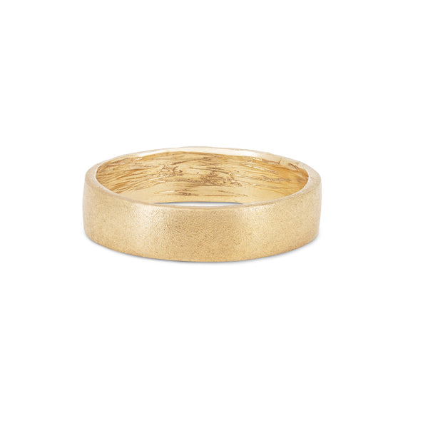 Front view of the Hawthorn Bark Wide Wedding Band in 14k polished gold, featuring a wide, deeply textured bark finish.