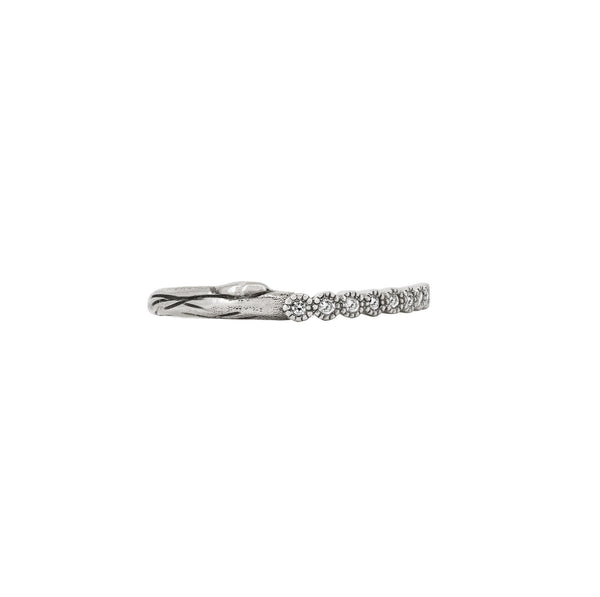 Alternative view of Side profile of the Hawthorn Diamond Eternity Ring in 14k white gold, showcasing the intricate twig band and continuous line of diamonds.