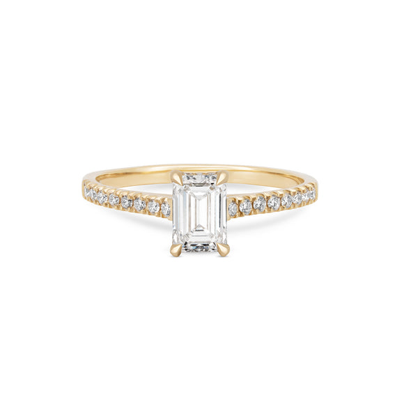 Heritage 1ct emerald cut diamond engagement ring in 14k solid gold with eternity band, featuring lab-grown or classic diamond by Chupi.