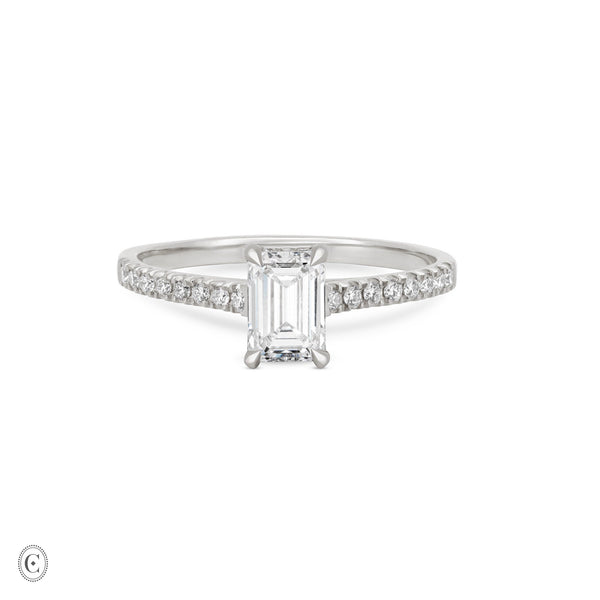 Heritage 1ct emerald cut diamond engagement ring in 14k solid white gold with eternity band, featuring lab-grown or classic diamond by Chupi.