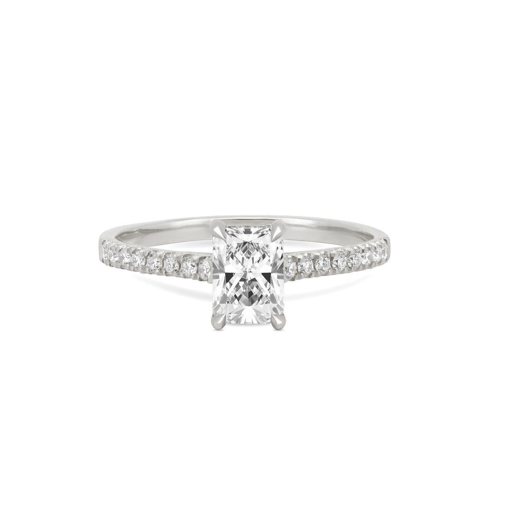 Front view of the Heritage Eternity Radiant Cut 1ct Diamond Engagement Ring in 14k white gold, featuring a radiant-cut diamond with an eternity-set band.
