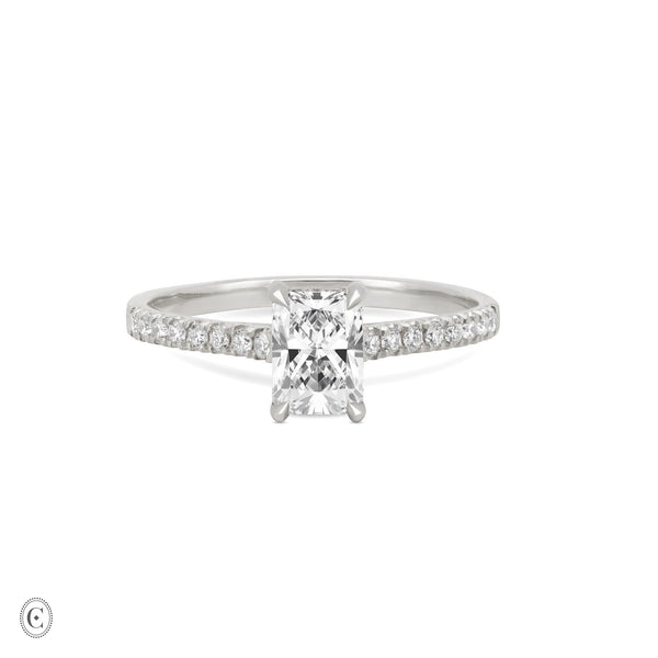 Front view of the Heritage Eternity Radiant Cut 1ct Diamond Engagement Ring in 14k white gold, featuring a radiant-cut diamond with an eternity-set band.