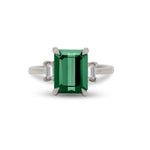 Thumbnail of Front view of the Hero 1.8ct Green Tourmaline & Diamond Ring in 14k polished white gold, featuring a green tourmaline center stone and two small side diamonds.