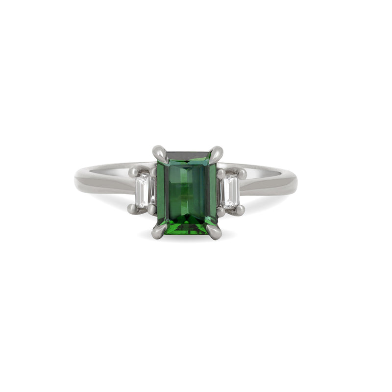 Front view of the Hero 1ct Green Tourmaline Ring in 14k white gold, featuring a green tourmaline on a polished band.