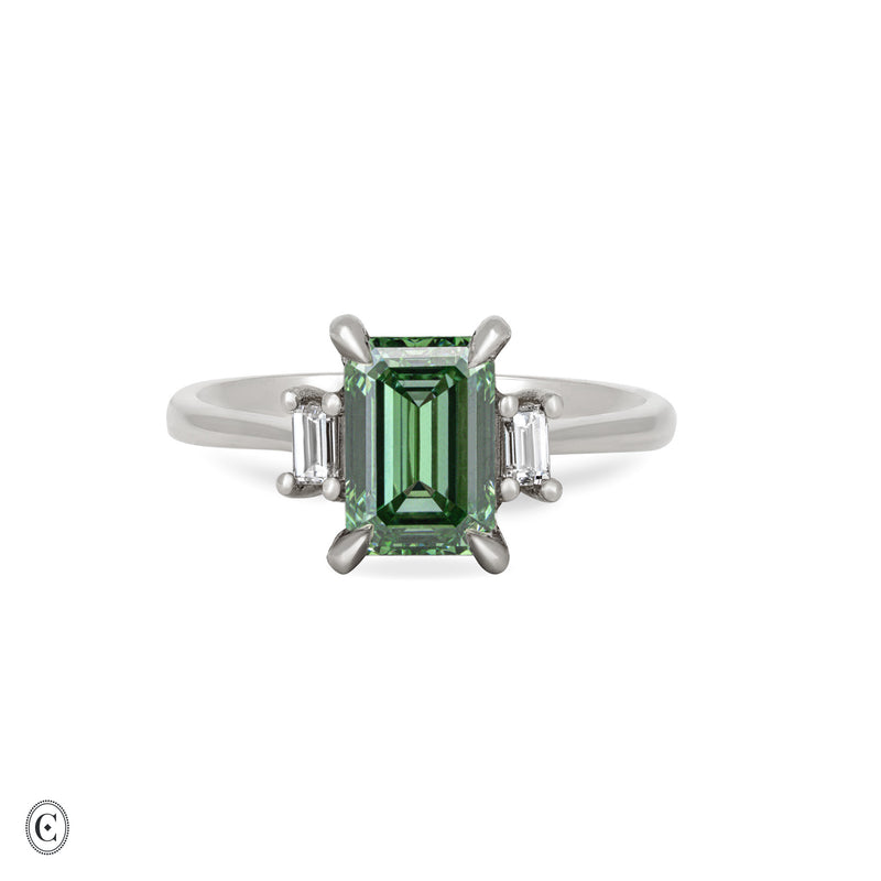 Hero - Emerald Cut Three Stone Green Lab Grown Diamond Engagement Ring 14k White Gold