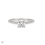 Front view of the Love’s Life Eternity 1ct Cushion Cut Diamond Engagement Ring in 14k white gold, featuring a cushion-cut diamond with an eternity-set band.