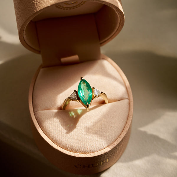 On-body shot of One of A Kind 1.9ct Emerald Marquise - 14k Gold Polished Band
