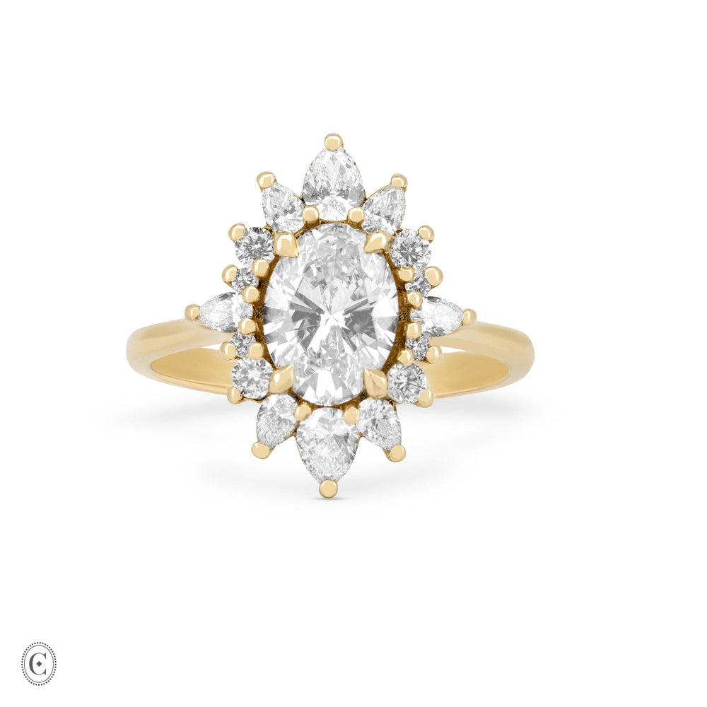 Front view of the Queen of Hope 2.7ct Lab-Diamond Engagement Ring in 14k solid gold, featuring a large oval diamond surrounded by a ballerina halo on a polished band.