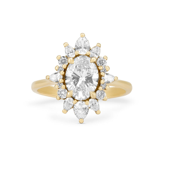 Front view of the Queen of Hope 2.7ct Lab-Diamond Engagement Ring in 14k solid gold, featuring a large oval diamond surrounded by a ballerina halo on a polished band.