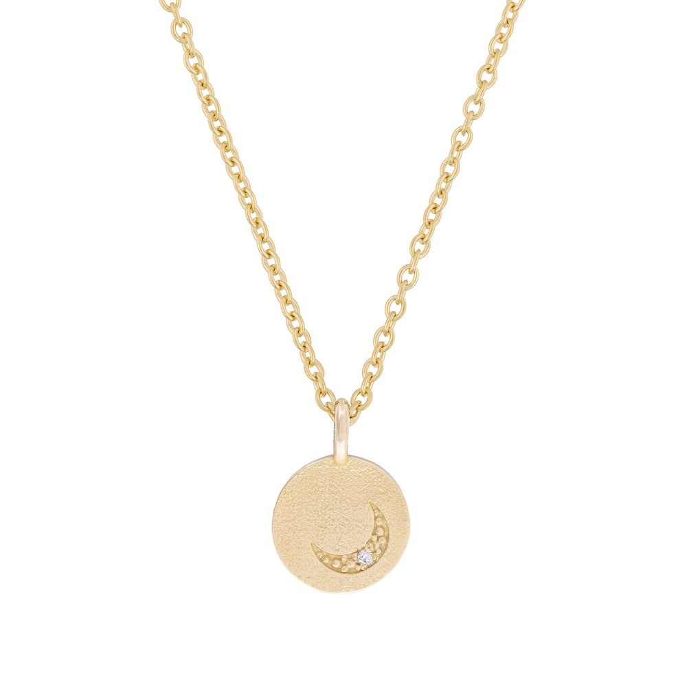 Front view of the Sun, Moon & Stars Diamond Necklace in 14k gold, featuring a circular pendant with star, moon, and sun motifs.