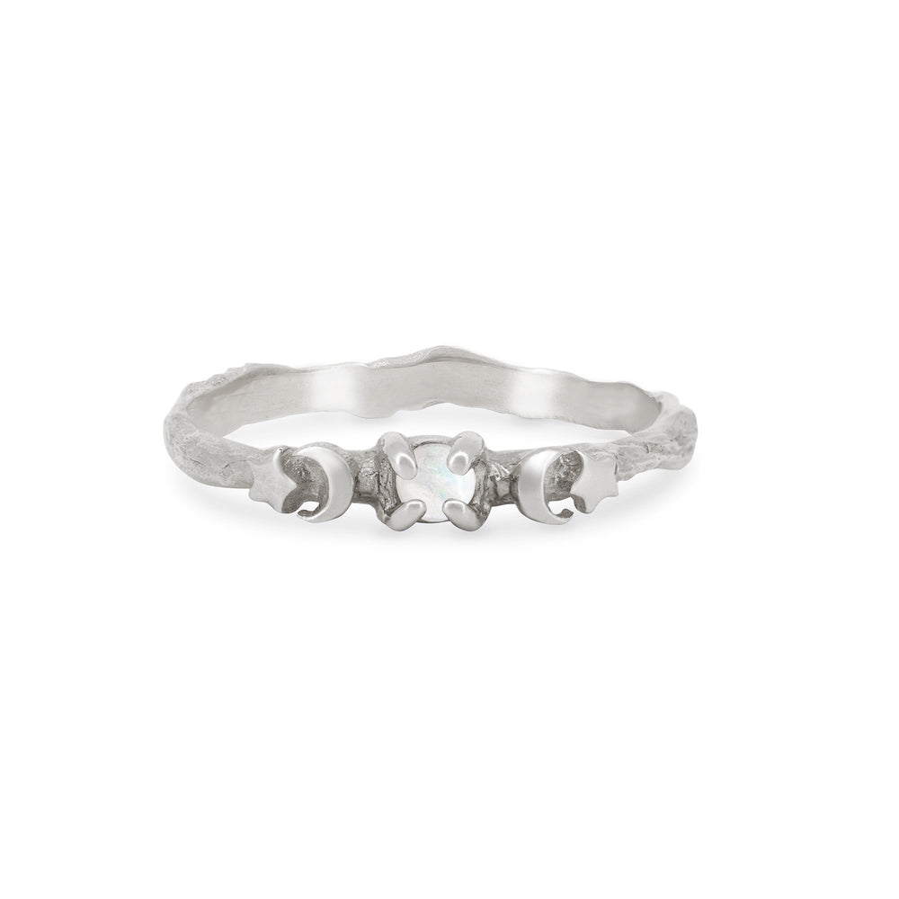 Sun, Moon & Stars Opal Ring - 14k White Gold