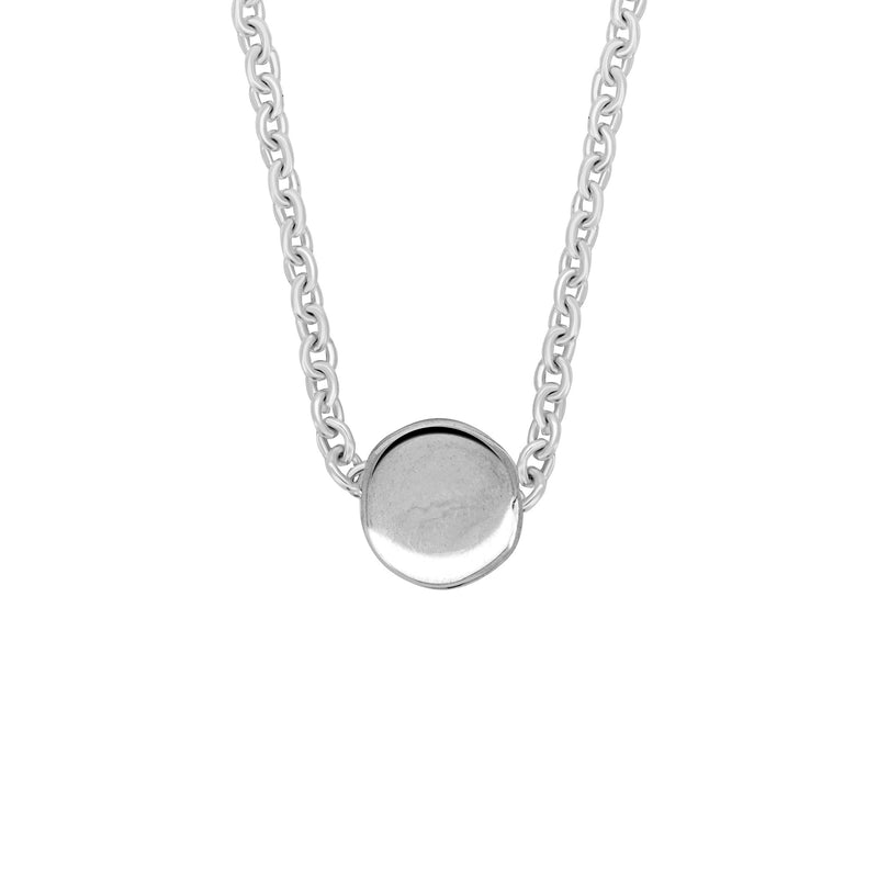 Front view of the Sterling Silver Sun Necklace, featuring a polished sun disc pendant on a fine chain.