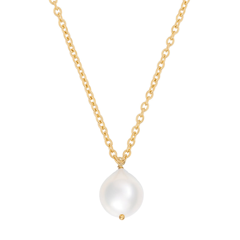 Front view of the Teardrop Pearl Necklace in 14k gold, featuring a freshwater pearl suspended from a gold teardrop motif.