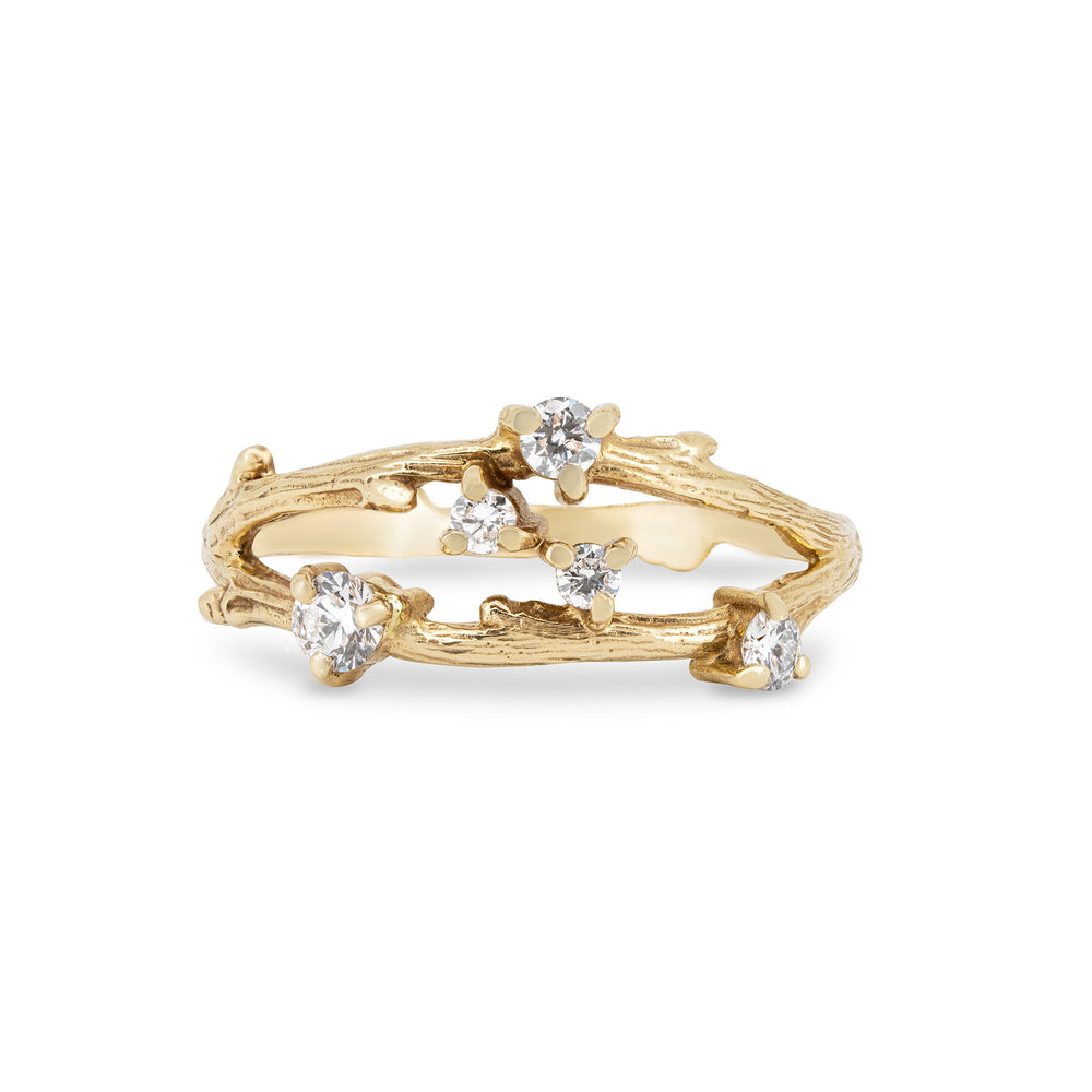 Front view of the Whispered Dreams Lab-Grown Diamond Double Cluster Ring in 14k solid gold, featuring two sparkling diamond clusters on a twig band.