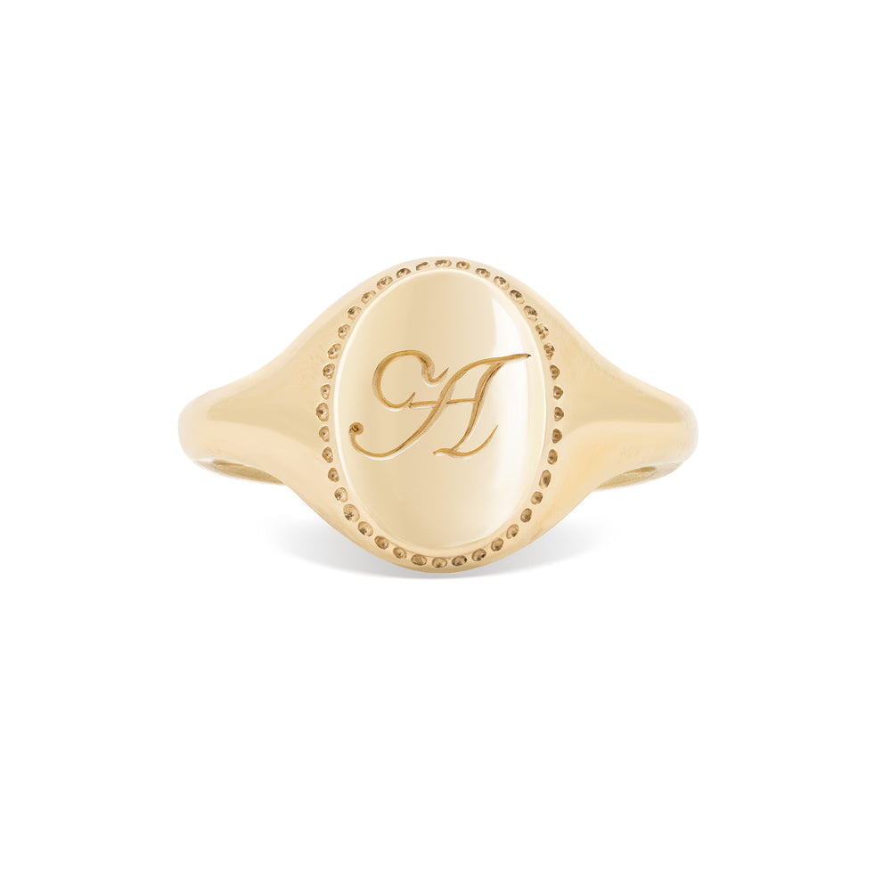 Always Remember Engraved Signet Ring | Chupi in 14k solid gold with hand-engraved 'A' initials and polished finish, ideal for personalised fine jewellery.