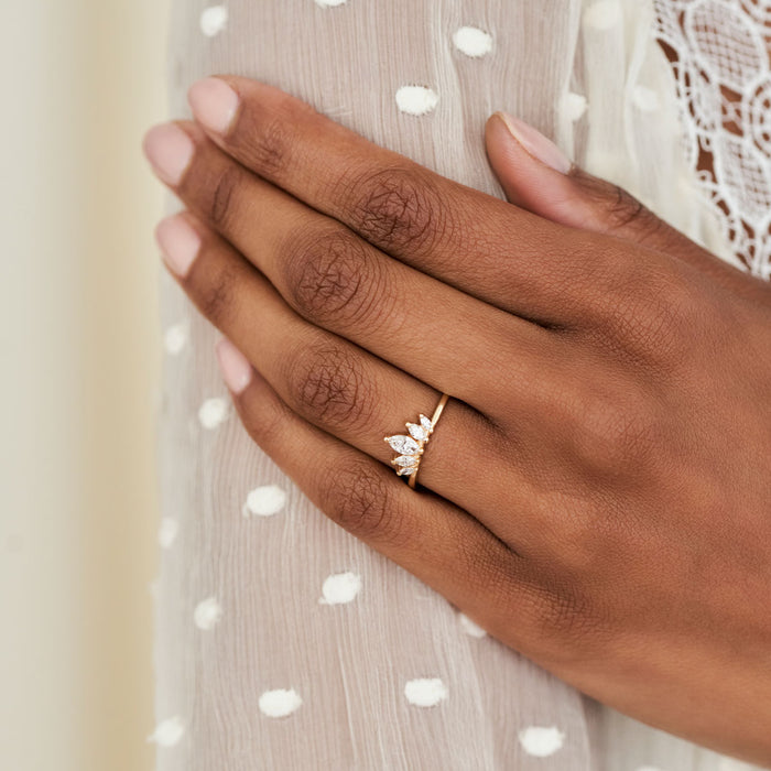 On-body shot of Crown of Hope - 14k Polished White Gold Marquise Diamond Ring